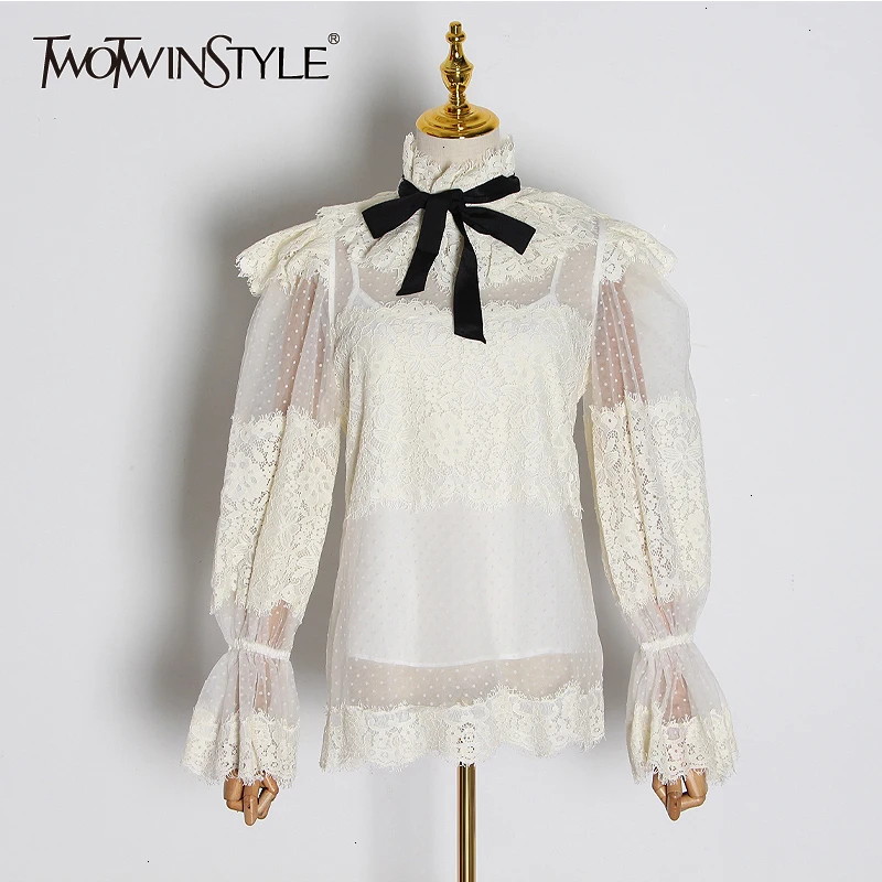 TWOTWINSTYLE кружевная блузка с цветочным узором в горошек с оборками и длинным рукавом-фонариком и воротником-стойкой, женская рубашка в винтажном стиле, осенняя мода
