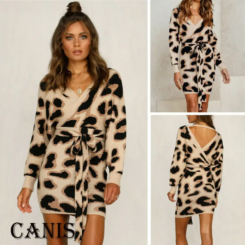 Женское сексуальное леопардовое платье с длинным рукавом v-образным вырезом