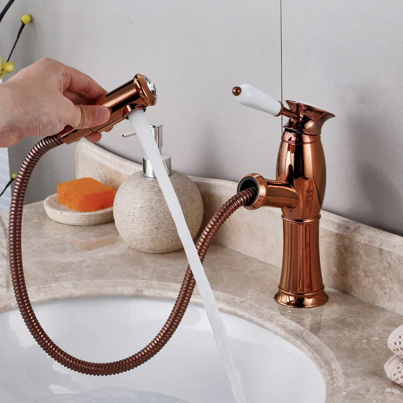 Torneiras Banheiro Pull Out Antique Basin Faucet Bathroom Sink Mixer Brass Tap Hot Cold Water Stream Deck Mounted Rose Gold Taps |