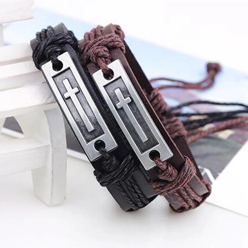 Коричневый черный кожаный браслет с крестом для мужчин и женщин Иисус