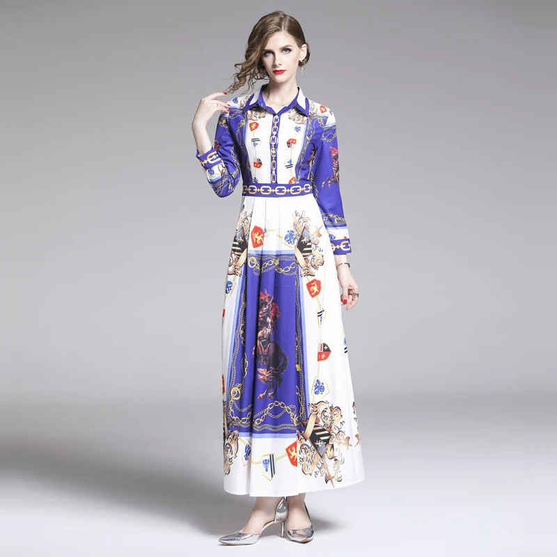 

2021 Newest Summer Runway Designer Flower Print Girl Robe Shirt Dress Long Sleeve Women Party Casual Empire Waist Maxi Dress