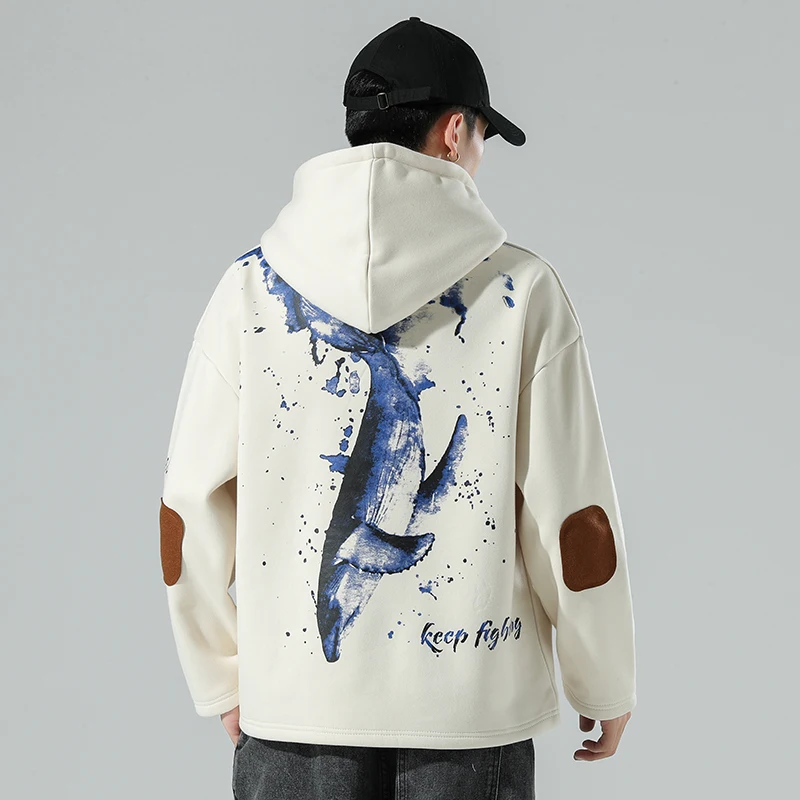 

NEW Japan Style Casual Spring Autumn Shark print Hoodie Sweatshirt Oversized Men'S Thick Fleece Hip Hop High Streetwear Clothes