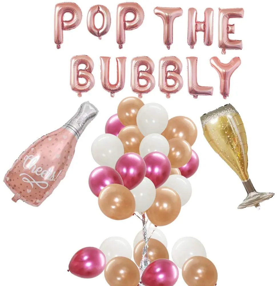 

POP THE BUBBLY Rose Gold Mylar Balloons Garland, Girls Rose Gold Party Decorations Champagne Bottle Cup Latex Balloons