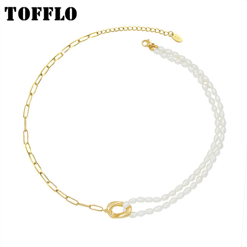 

TOFFLO Stainless Steel Jewelry Freshwater Pearl Mosaic Necklace Geometric Pendant Women's Fashion Clavicle Chain BSP119
