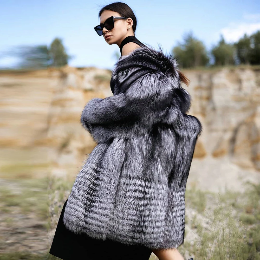 

Long Silver Fox Fur Coat Natural Women Winter Fashion Stand Collar Whole Skin Genuine Silver Fox Fur Coats Female Luxury Outwear