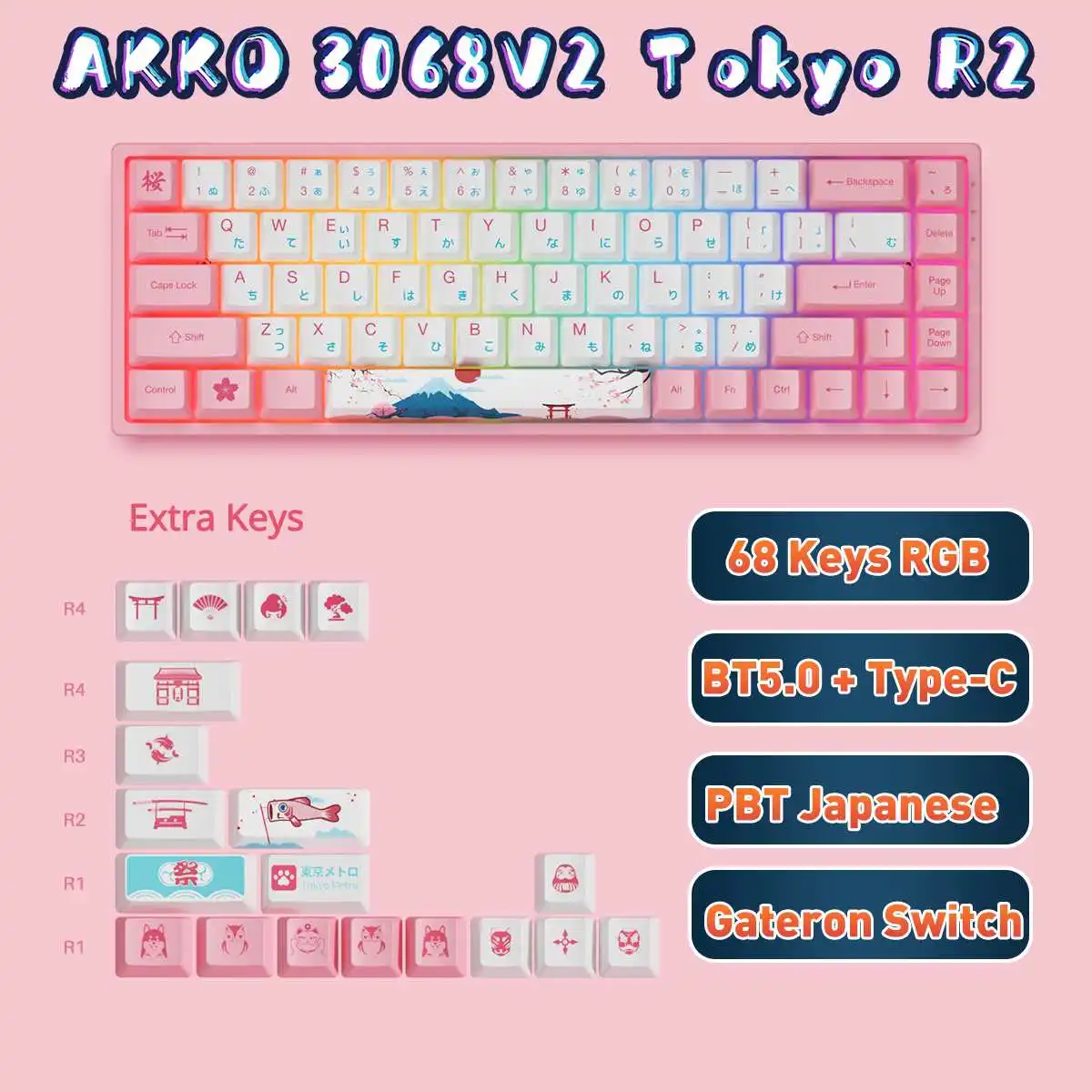 

AKKO 3068V2 Tokyo R2 Mechanical Keyboard 68 Keys Dual Mode BT5.0 + Type-C RGB Gaming Keyboard Gateron Switch PBT Japanese Keycap