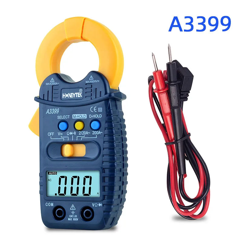 HONEYTEK A3390 цифровой клещи мультиметр мини Ампер DC/AC клещи вольтметр 600 в Автоматический диапазон измерения тока зажим - Цвет: A3399