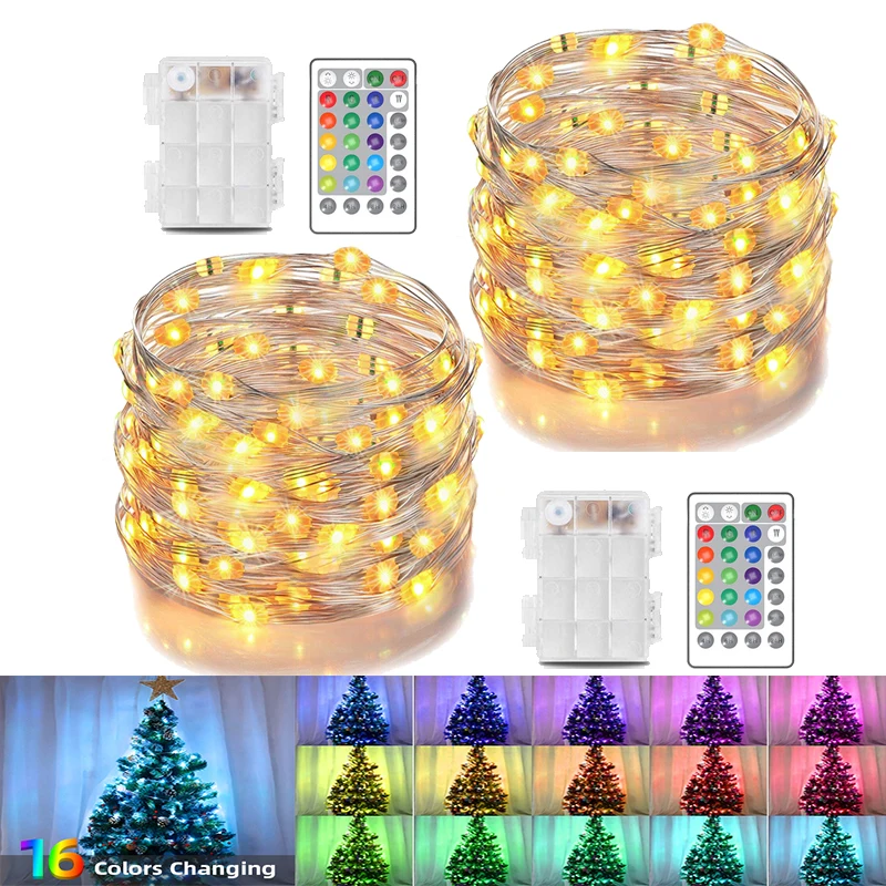16 Color Changing Fairy Light String with 28 Key Remote Waterproof Battery Case USB String Lights for Wedding Party Christmas