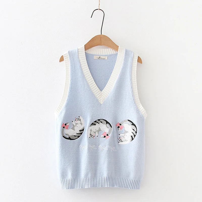 Осенний вязаный жилет с вышивкой Kawaii Cat милый синий свитер без рукавов для