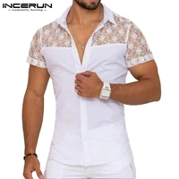 men shirt lace mesh patchwork lapel short sleeve streetwear see through sexy camisas summer 2022 party men clothing incerun 7