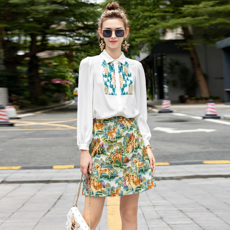 

Designer High Quality Women Sets Print Patchwork Shirt Tops + Gorgeous Jacquard Skirt Fashion Party Spring Autumn 2 Piece Suit