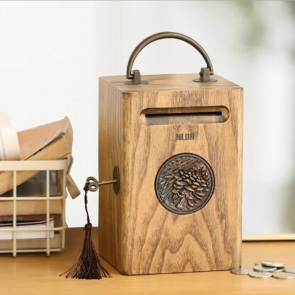 

American retro solid wood piggy bank Large capacity built-in lock with handle High-quality money-saving box NJ71011