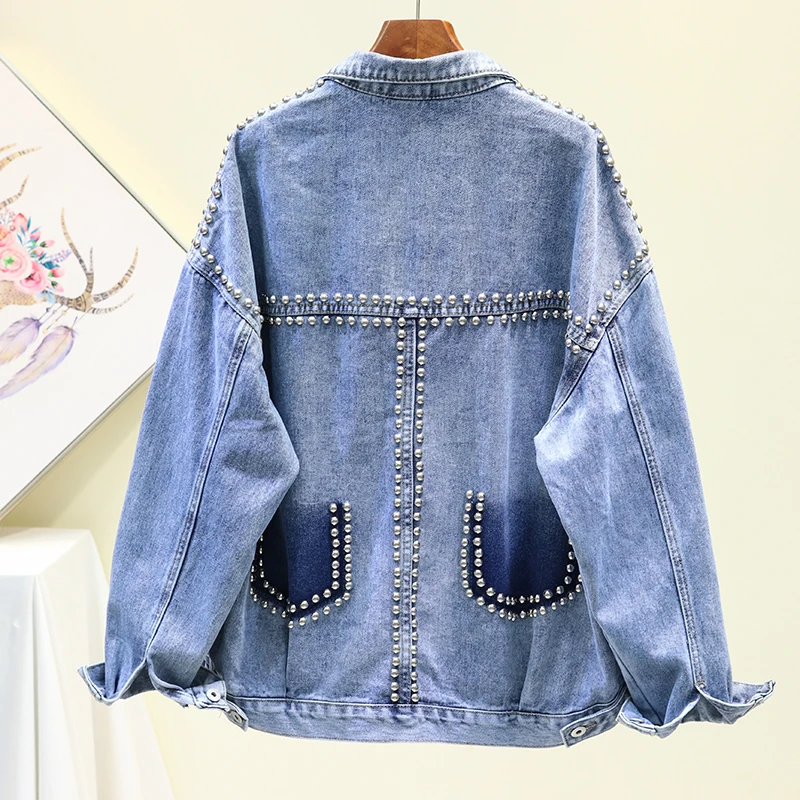 Vintage Women Jacket 2020 Autumn Winter Denim Jackets Washed Blue Rivet Jeans Coat Turn-down Collar Outwear Bomber P818 | Женская одежда