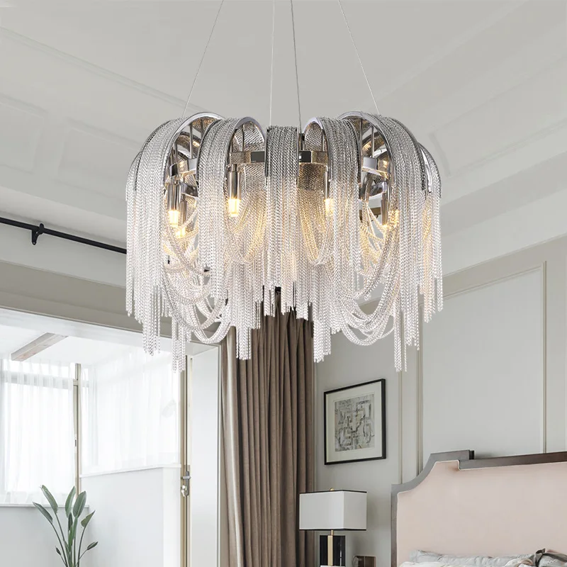 

Post-Modern Simple Chrome Alluminium Chain Pendant Lamp Nordic Hanging Light For Living Room Restaurant Bedroom Dining Room