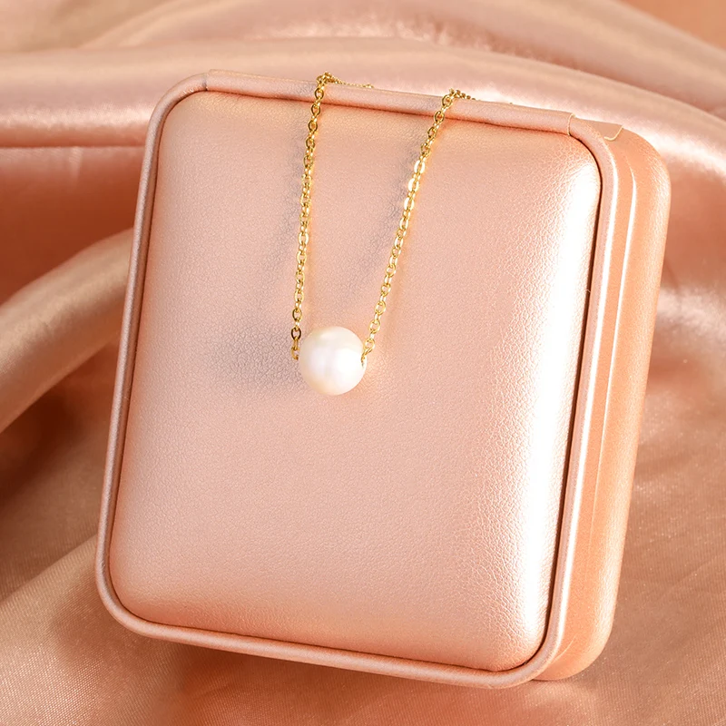 

New Single Pearl Necklace Round Simple Fashion Necklace Stainless Steel Chain Accessories For Women Jewelry Gift For Girlfriend