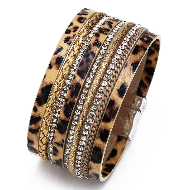 

European And American Exaggerated Brick Inlaid Pu Magnet Buckle Bracelet Natural Leopard Horse Hair Women