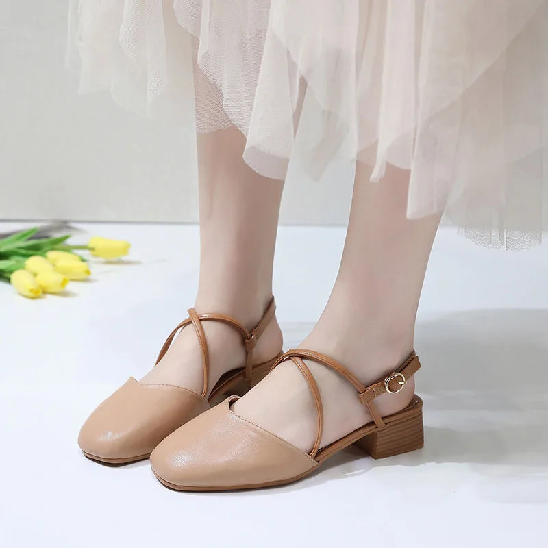 

Med Mary Jane Square Toe 2021 Summer Female Sandal Spring Shoes Block Heels Cross-Shoes Medium Girls Chunky Retro Beige Fashion