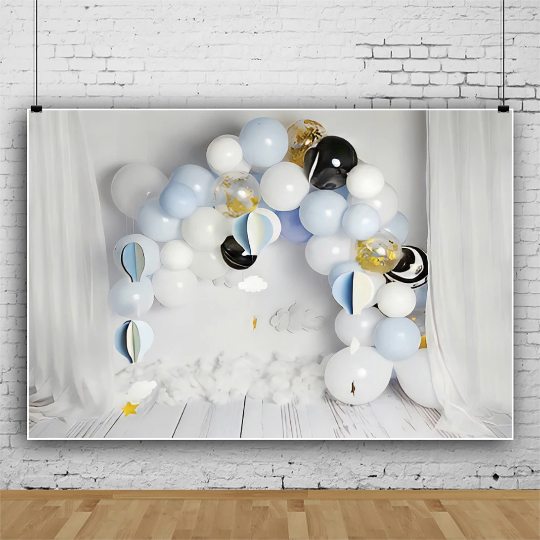 

Laeacco White Curtain Balloons Wedding Baby Birthday Scene Background White Wall Floor Family Photocall Photographic Backdrops