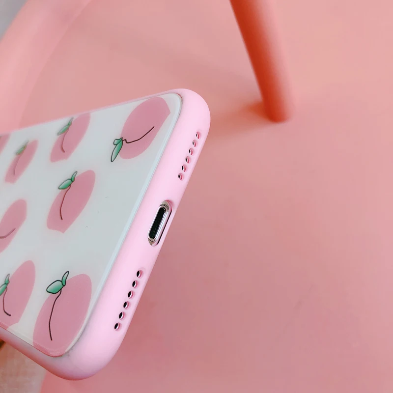 Gimfun Summer Fresh Pink Peach Glass Phone Case for Iphone X Xs Xsmax Xr Fruit Soft Tpu 6 6s 7 8 Plus Back Cover |