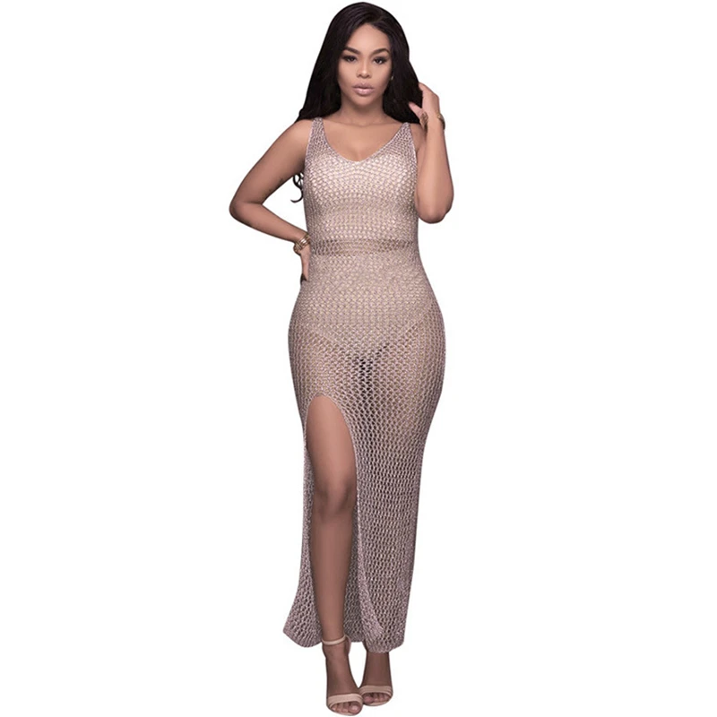 

New Women's Hollow Out Backless Slip Dress Perspective Bikini Smock Sexy Split Long Skirt Pure Colour Seaside Holiday Beach Wear