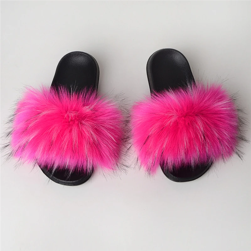 

Fur Slippers Women Fox Fur Slides Home Furry Flat Sandals Female Cute Fluffy House Shoes Woman Brand Luxury 2020