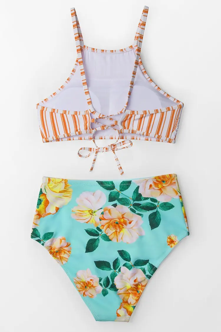 Комплект бикини с цветочным принтом женский купальник высокой горловиной
