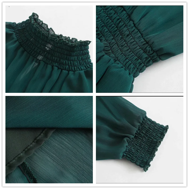 ROHOPO зеленый длинный рукав жатый шифон миди платье с подкладкой полу Высокий