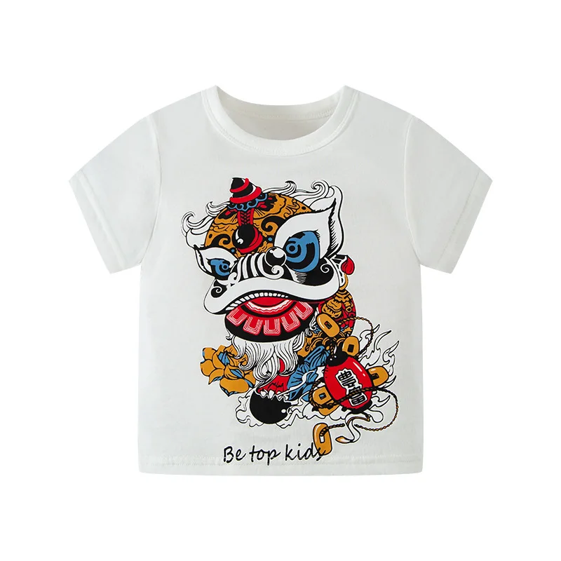 Chineses style baby girls boy tshirt cute cartoon lion dance cotton short sleeve summer vintage toddler kids clothes 2 to 10 yrs