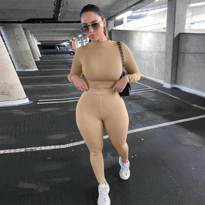 

New Long Sleeve Solid Bodycon Casual Two Piece Set 2020 Women Autumn Fashion O Neck Slim Short Tops High Waist Skinny Trousers