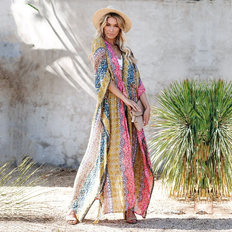

Multicolored Bikini Cover-ups Sexy V-neck Long Sleeve Boho Summer Beach Dress Plus Size Beachwear Swimsuit Cover Up