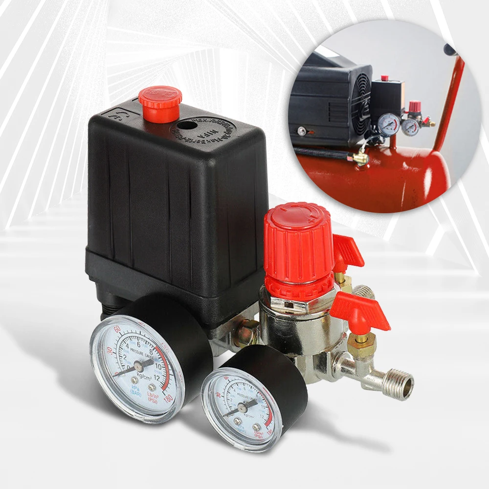 

UK Air Compressor Pressure Switch Control Valve Manifold Regulator Gauges 240V