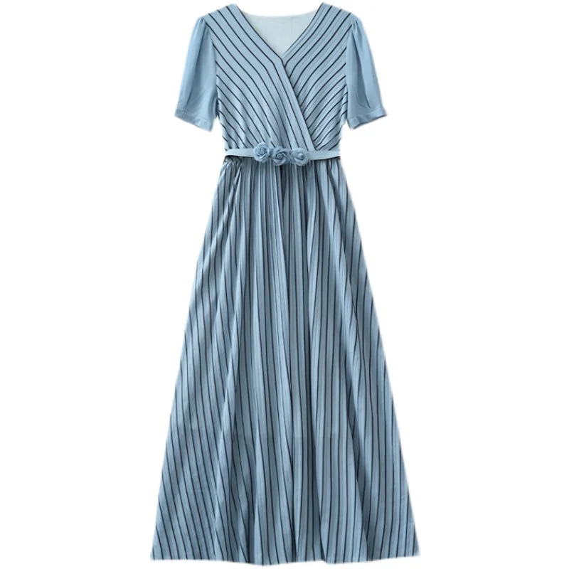 

Summer Dress Women 2021 New Office Lady French Style Fashion Print Short Sleeve Chiffon High Waist V-Neck Light Blue Dresses