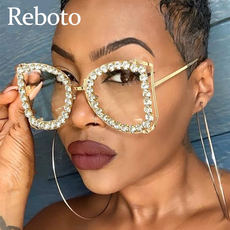 

Oversized Transparent Diamond Square Glasses Frame Vintage Metal Luxury Crystal Retro Female Brand Eyeglasses oculos de sol