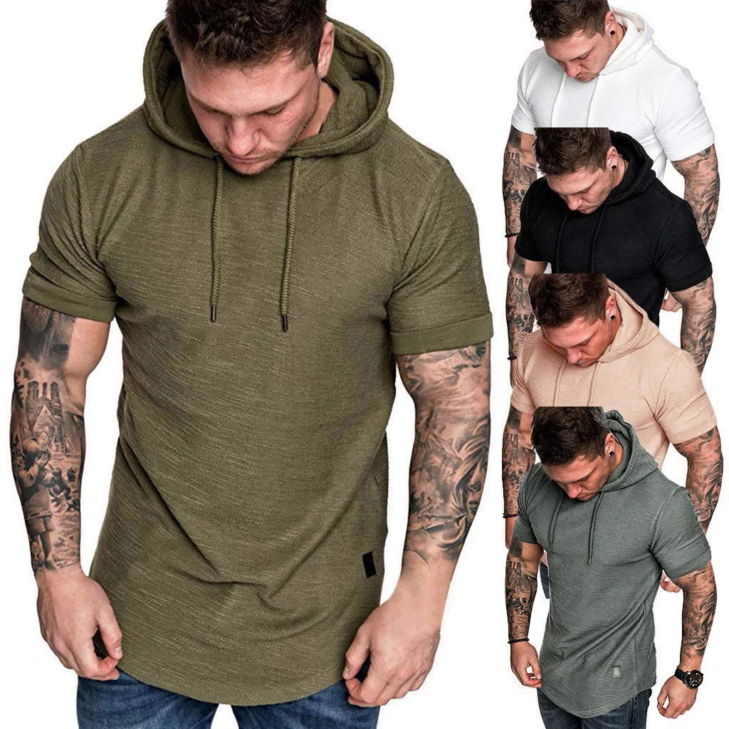

Brand Gyms Clothing Mens Slim Fit Hooded Tee Tops Cotton Short Sleeve Shirt Fitness Workout Sportswear Tops Male Streetwear