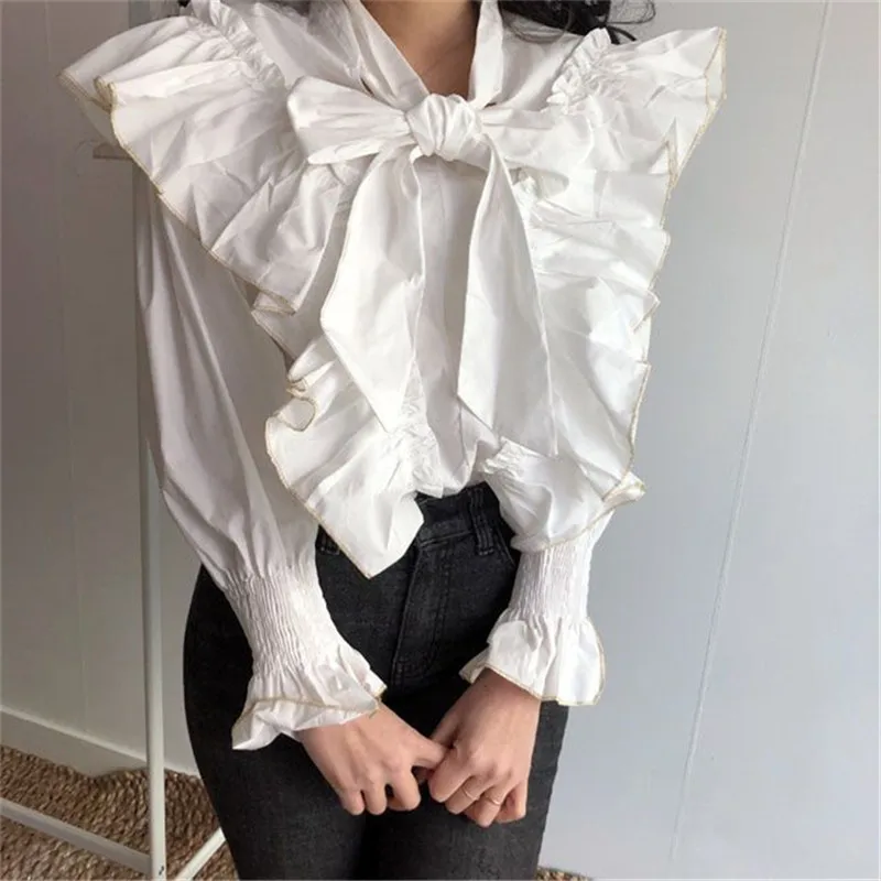 

RUGOD 2021 Spring Temperament Pure Color Bowknot Ruffled Shirt