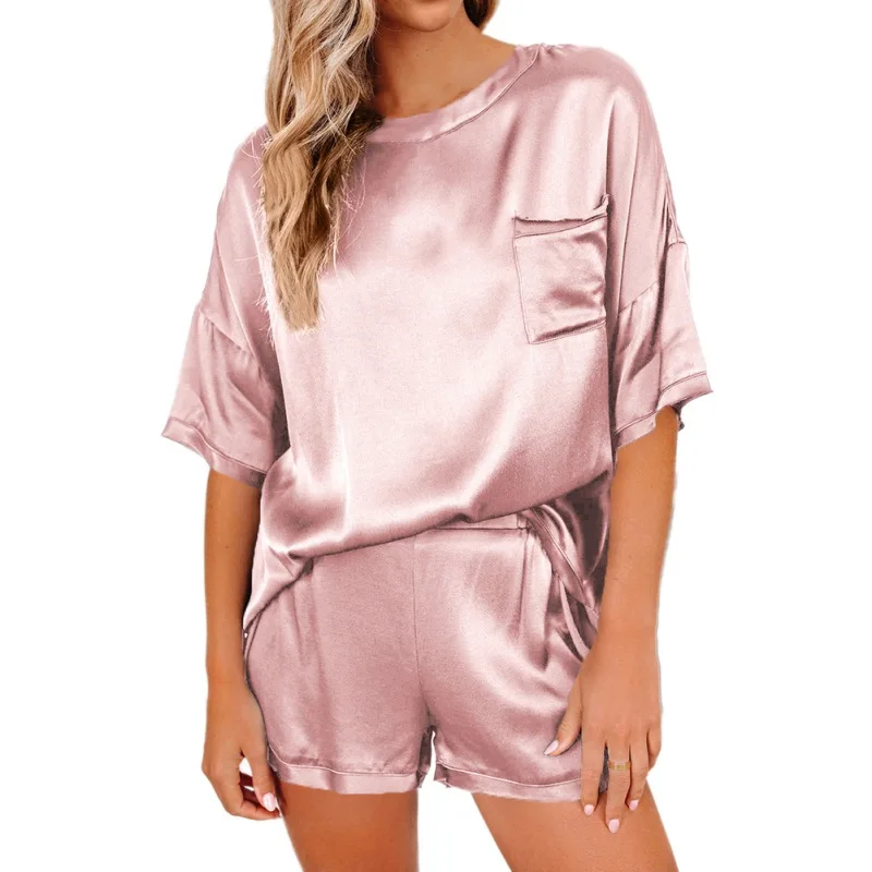 

Casual Women Solid Color Short-sleeved Straight Shorts Sleepwear Clothes Homewear Set Casual Loose Female Pajamas FTYL1