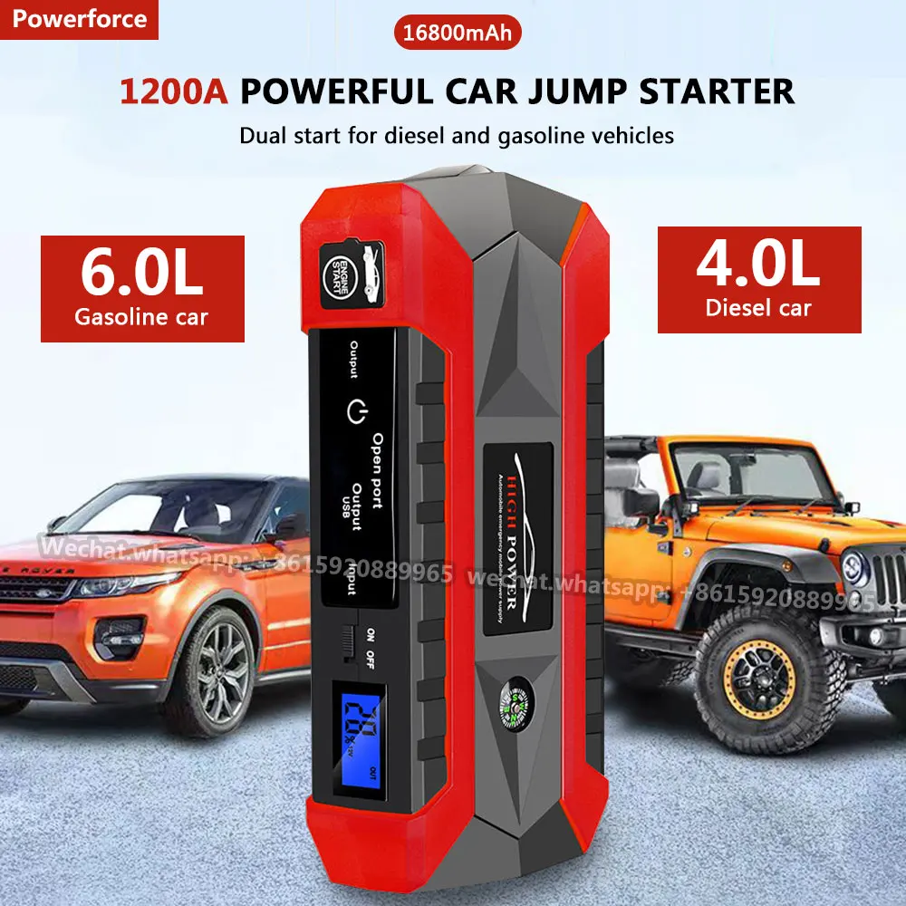 

High Capacity 16800mAh Car Jump Starter Power Bank 1200A Portable USB Charging For 6.0L/4.0L Emergency Car Battery Jump Starter
