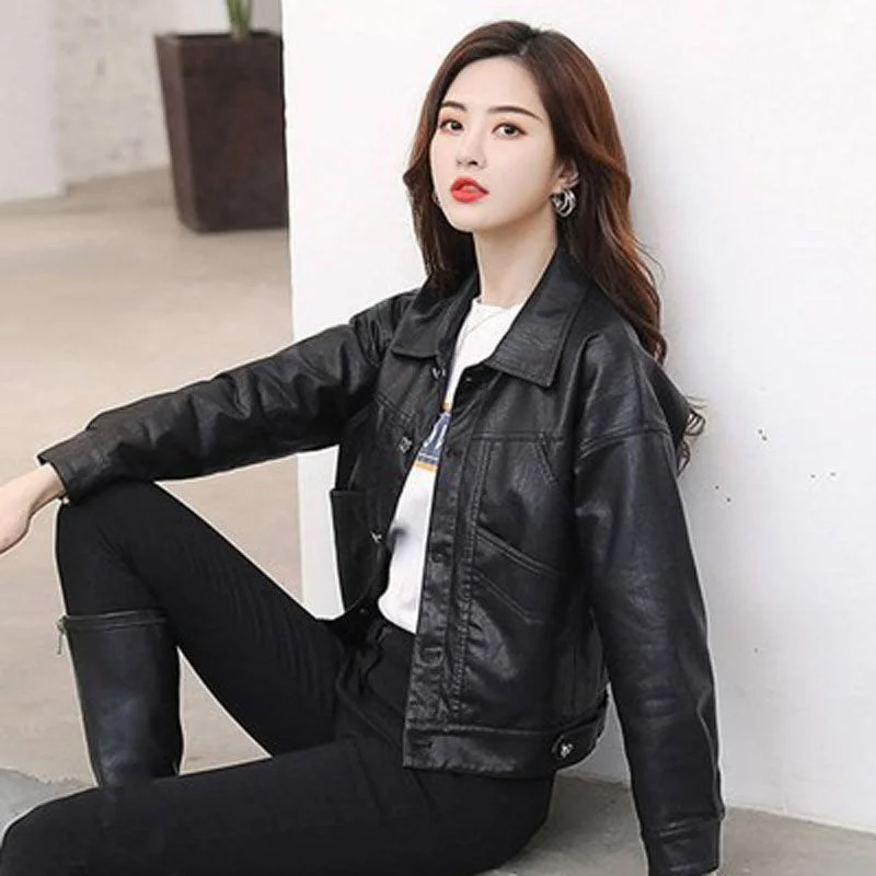 

New leather women's 2021 spring dress Korean version loose casual versatile PU leather jacket women's fashion short coat women's