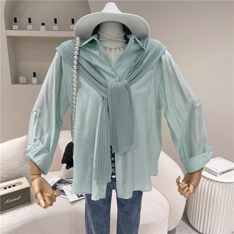 

Women's Spring Summer 2021 Fashion Casual Long Sleeve Shirt Top Solid shirt shawl suit