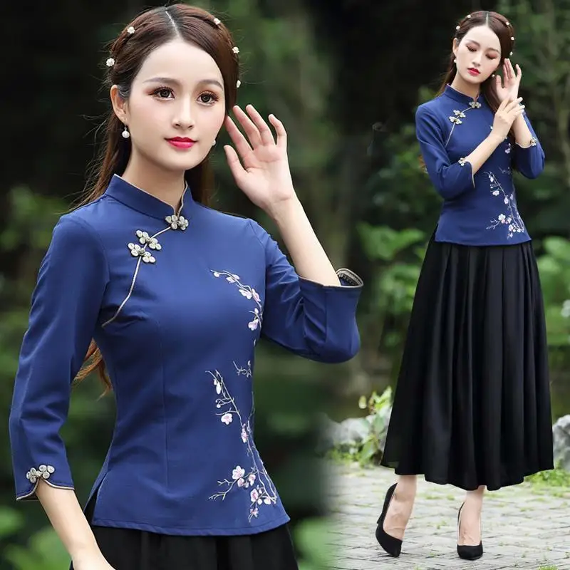 

Cheongsam Women's Plus Size Tops 2021 Summer New Fashion Cotton Manual Embroidery Stand Collar Chinese Style Qipao Shirts Woman