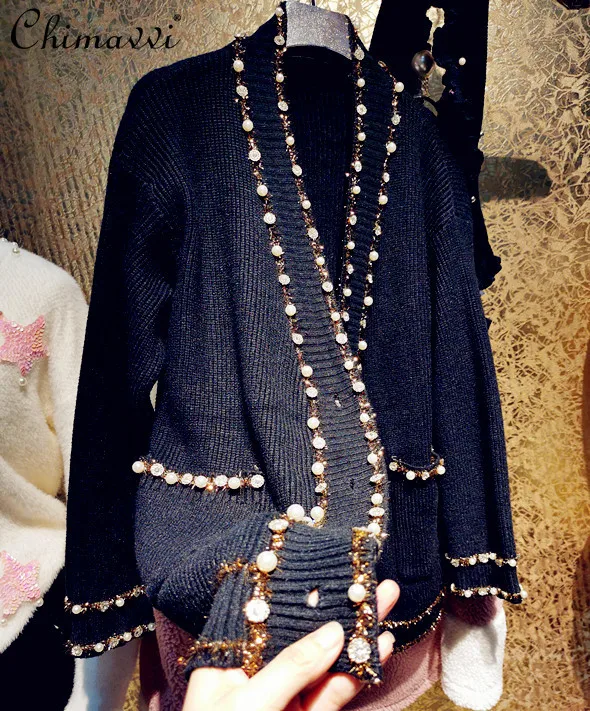 

Shiny Rhinestone Simple Loose Cardigan Women V Neck Long Sleeve Casual Vintage Sweater Female Cropped Oversized Black Jacket