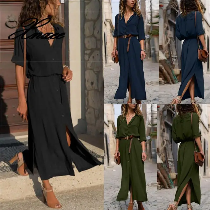 

Xnxee Women's Solid Long Sleeve Casual Loose V-Neck Button Split Hem Long Dress Solid Women's Autumn Dress Vestido