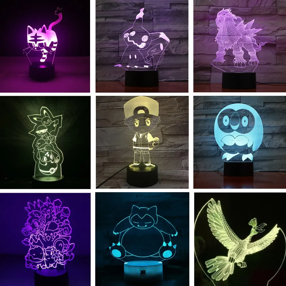 Anime 3D Lamp Pokemon Snorlax Ash Ketchum Night Lights Litten Rowlet Entei Ho-Oh Pikachu Lighting Colorful Pocket Monster Led