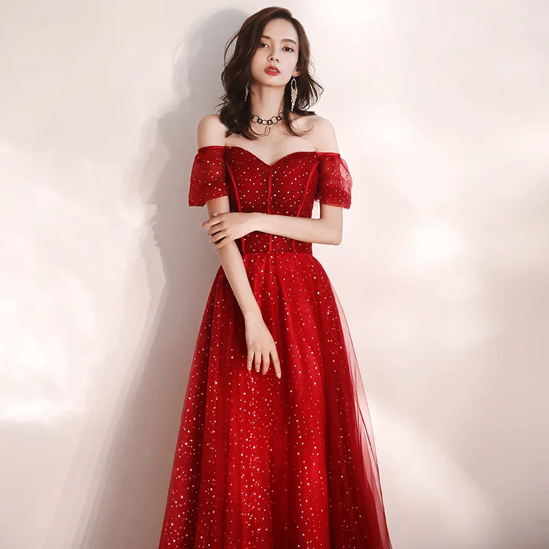 Elegant Off-Shoulder Wedding Dress Women Exquisite Sequins A-line Burgundy Tulle Party Formal Dresses вечернее платье