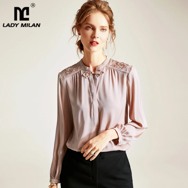100% женские рубашки из чистого шелка с круглым вырезом и вышивкой длинными