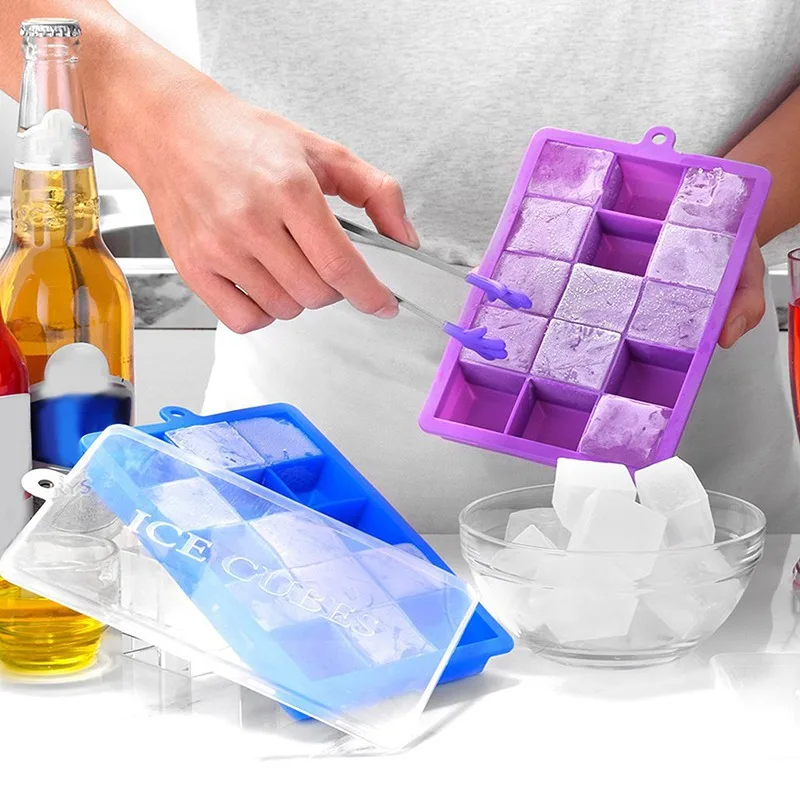 

15/24 Cells Ice Cube Tray Food Grade Silicone Jelly Pudding Soap Silicone Mould with Lid for Ice Cream Bar Drink Kitchen Gadgets