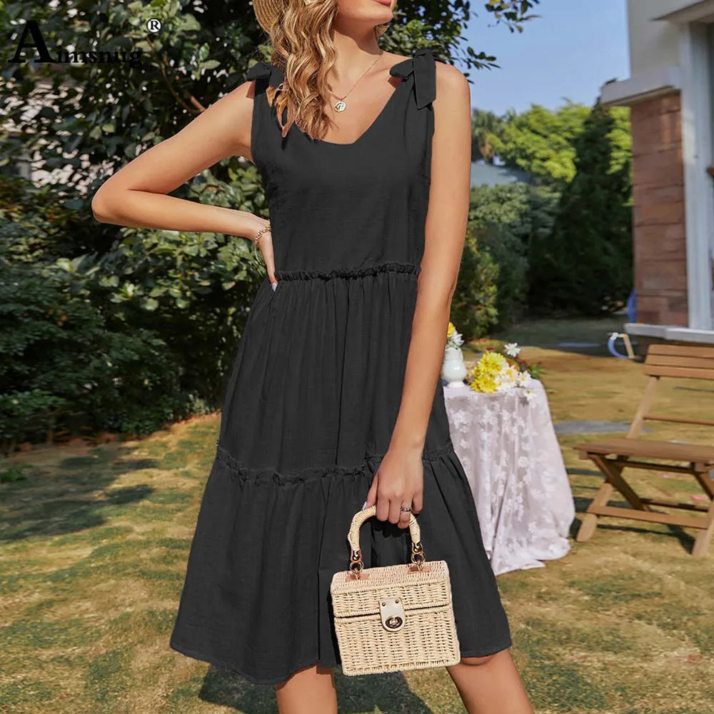 

Women Elegant Leisure Casual Linen Dress Sleeveless Patchwork Sashes Beach Dresses Vintage 2021 Knee-length Dress Femme Clothing