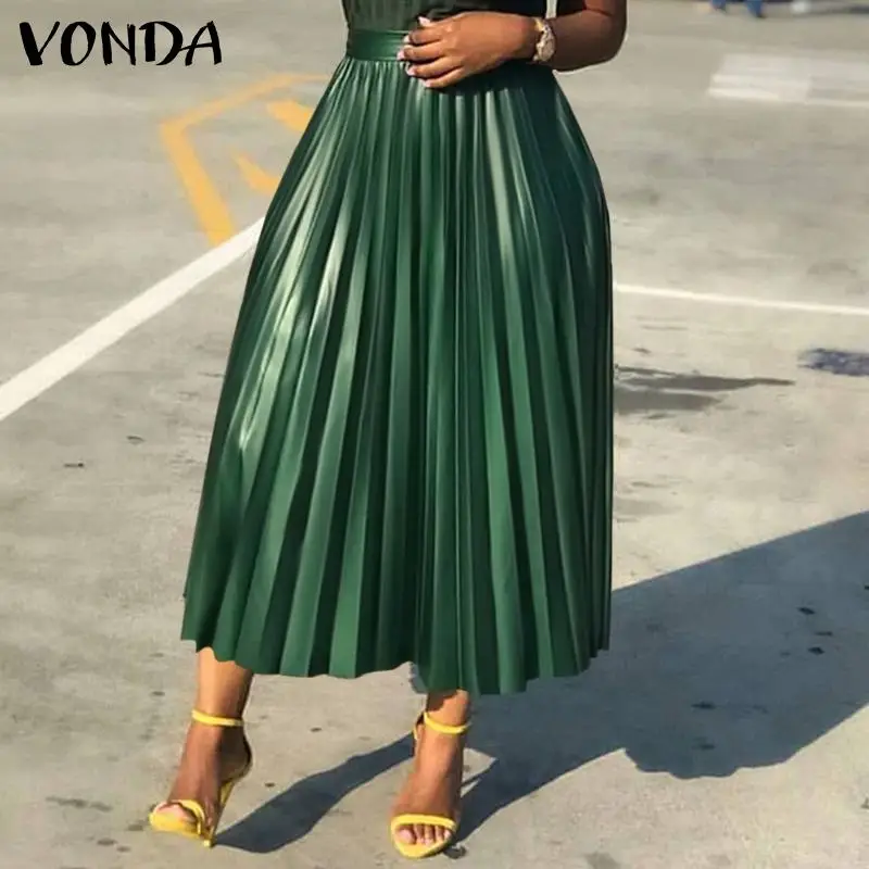 

Women Skirt 2021 VONDA Female Casual Loose High Waist A-line Skirt Fashion Pleated Party Long Skirts Faldas De Mujer Oversized