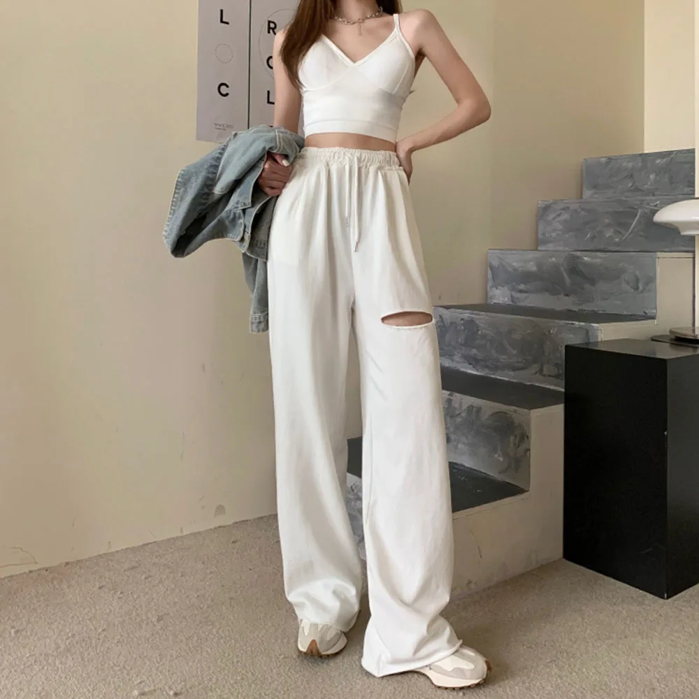 2022 повседневные спортивные брюки женские летние широкие с дырками свободные