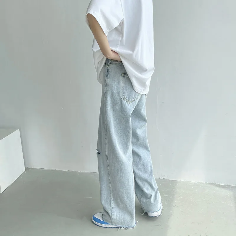 Summer Wide-leg Jeans Men's Fashion Light Blue Casual Ripped Jeans Men Streetwear Loose Hip-hop Hole Straight Denim Trousers Men